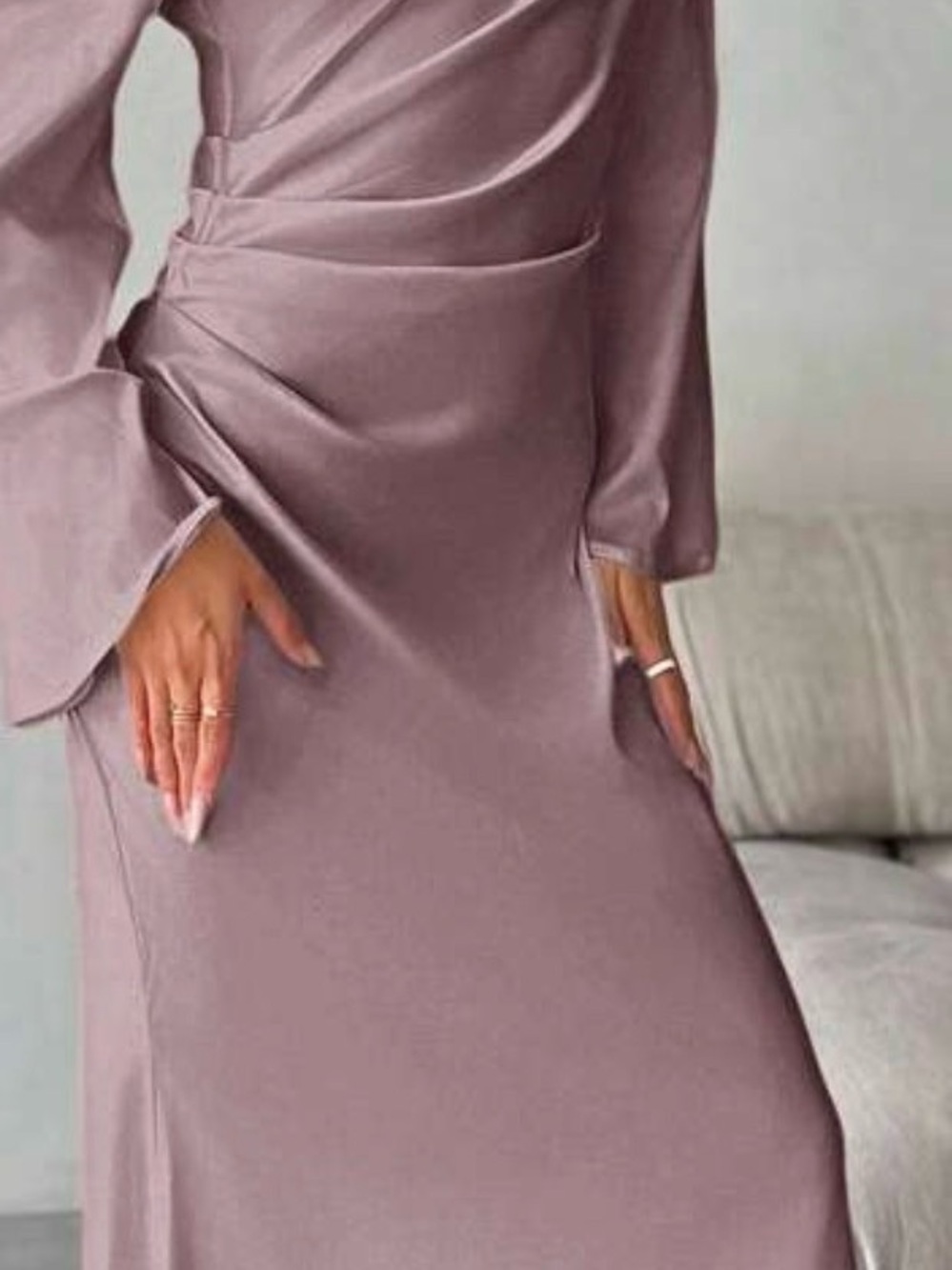 Elegant Rose-Mauve Satin Maxi Long Sleeve Dress